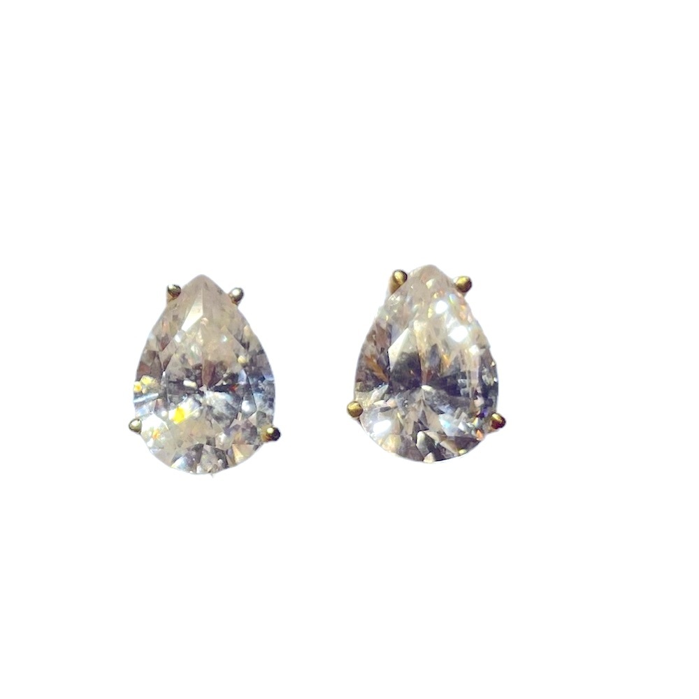 14K Gold Earrings GORGEOUS Basket Set Pear Shaped Cubic Zirconia Studs